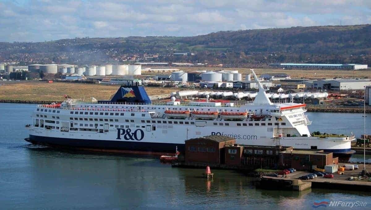 P&O's PRIDE OF CALAIS backs out of Belfast Dry Dock, 18.02.17. Copyright © Alan Geddes.