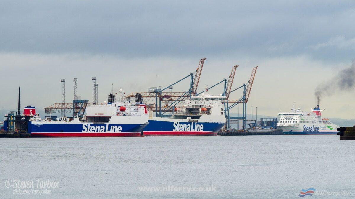 (L-R) STENA HIBERNIA, STENA FORERUNNER, and STENA SUPERFAST VII together in Belfast. STENA FORERUNNER had just arrived from Holland minutes earlier on the first of many visits to Belfast. Copyright © Steven Tarbox.