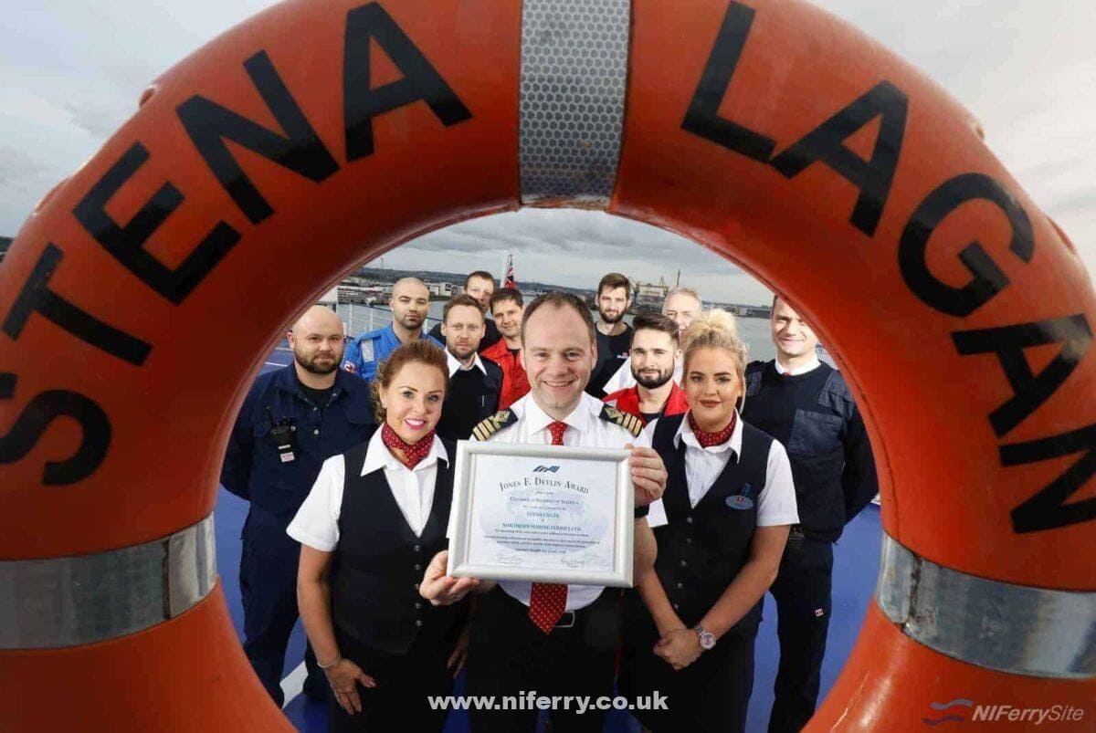 Captain Steve Millar and crew members from the Stena Lagan celebrate receiving the prestigious Jones F. Devlin Award from the Chamber of Shipping of America (CSA) for operating three consecutive years without a lost-time accident. ©Press Eye/Darren Kidd