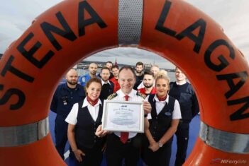 Captain Steve Millar and crew members from the Stena Lagan celebrate receiving the prestigious Jones F. Devlin Award from the Chamber of Shipping of America (CSA) for operating three consecutive years without a lost-time accident. ©Press Eye/Darren Kidd
