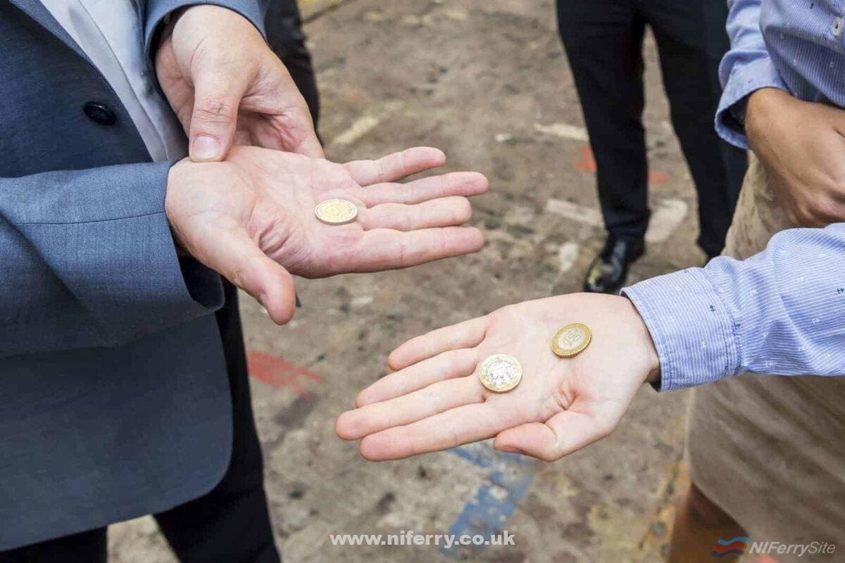 The coins used in the HONFLEUR keel laying ceremony. © Brittany Ferries.