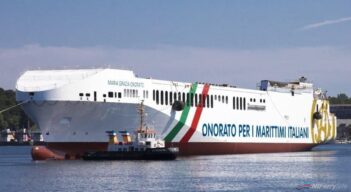 The freshly launched hull of MARIA GRAZIA ONORATO seen from the covered slipway at FSG. Gruppo Onorato Armatori.
