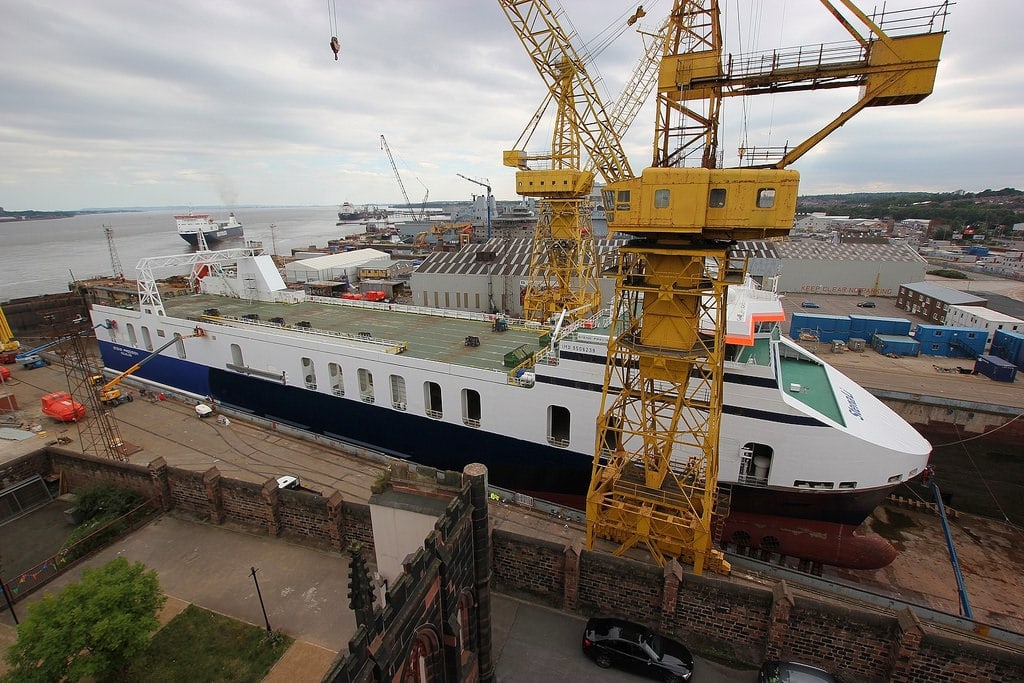 STENA PRECISION becoming SEATRUCK PRECISION again in Cammel Laird dry-dock 5 after almost 6 years in Stena Line colours. September 1st 2018. Copyright © Das Boot 160. Flickr.