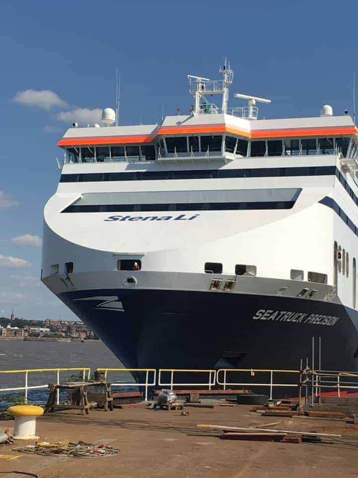 SEATRUCK PRECISION undergoing repainting into Seatruck colours, alongside at Cammell-Laird Birkenhead 31.08.18. Seatruck Ferries.