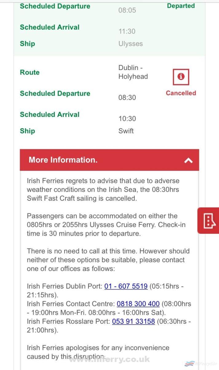A screenshot taken from the Irish Ferries website on the morning of 17th September 2018 showing DUBLIN SWIFT as cancelled due to 