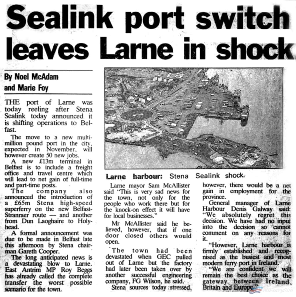 Belfast Telegraph clipping from September 5th 1995 about Stena Sealink leaving Larne in favour of a new terminal in Belfast. The company moved to their new terminal just 2 months later. © NI Ferry Media archive