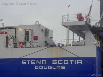 Closeup of the stern of STENA SCOTIA showing her flag change from the Netherlands to the Isle of Man. Copyright © Scott Mackey.