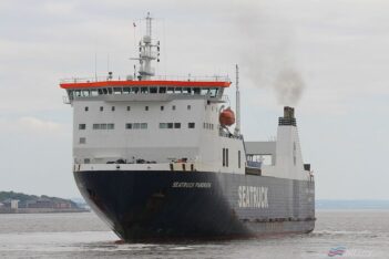 SEATRUCK PANORAMA is seen at the West Float, Birkenhead, on her way to the Wet Basin at Cammell-Laird, 1st Sept 2018. Copyright © Das Boot 160. Flickr.