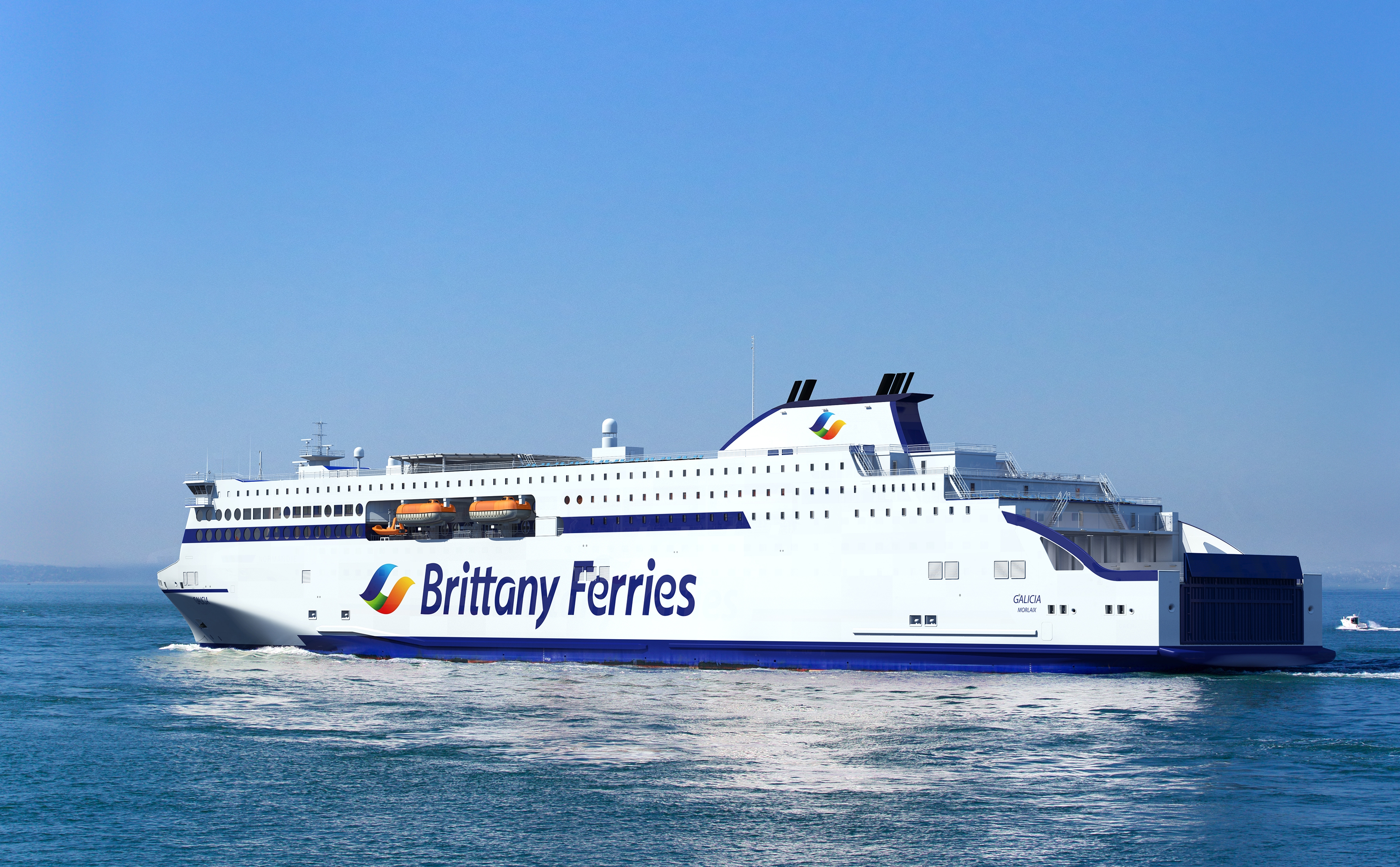 Rendering of the stern of an E-Flexer built to Brittany Ferries specification. In this case the name GALICIA appears with a home port of Morlaix (France). Stena RoRo.