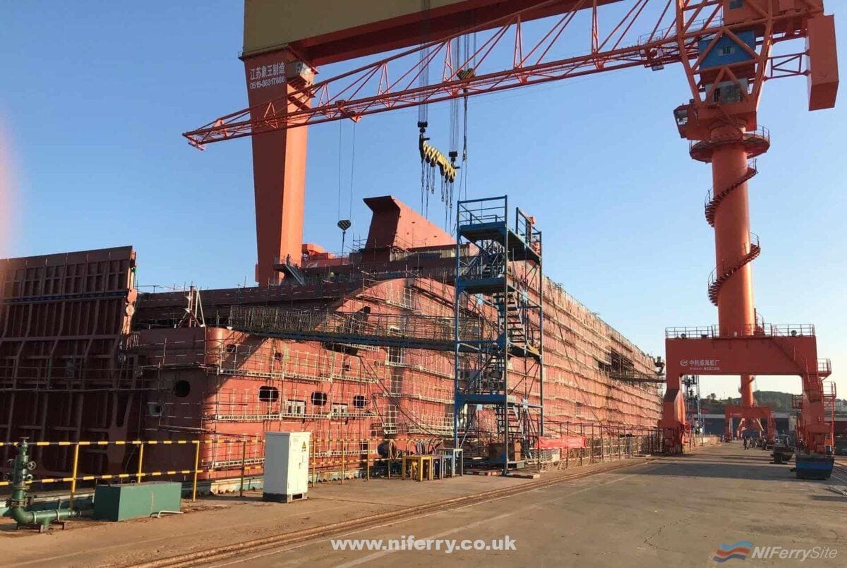ON SCHEDULE: Ferry company Stena Line has reached an important milestone in its major new fleet investment programme with the steel cutting of a third E-Flexer ship to be deployed on its Irish Sea routes. This means that all three of Stena Lines new E-Flexer ships, planned to enter into service on the Irish Sea during 2020 and 2021, are now under construction at the Avic Weihai Shipyard in China. The first of the new vessels (pictured) will commence operation on the Holyhead to Dublin route in early 2020, with the remaining two ships to be introduced on the Liverpool to Belfast route in 2020 and 2021. All three Irish Sea E-Flexer vessels will be bigger than todays standard RoPax vessels at 215 meters long with a freight capacity of 3,100 lane meters and the space to carry 120 cars and 1,000 passengers.