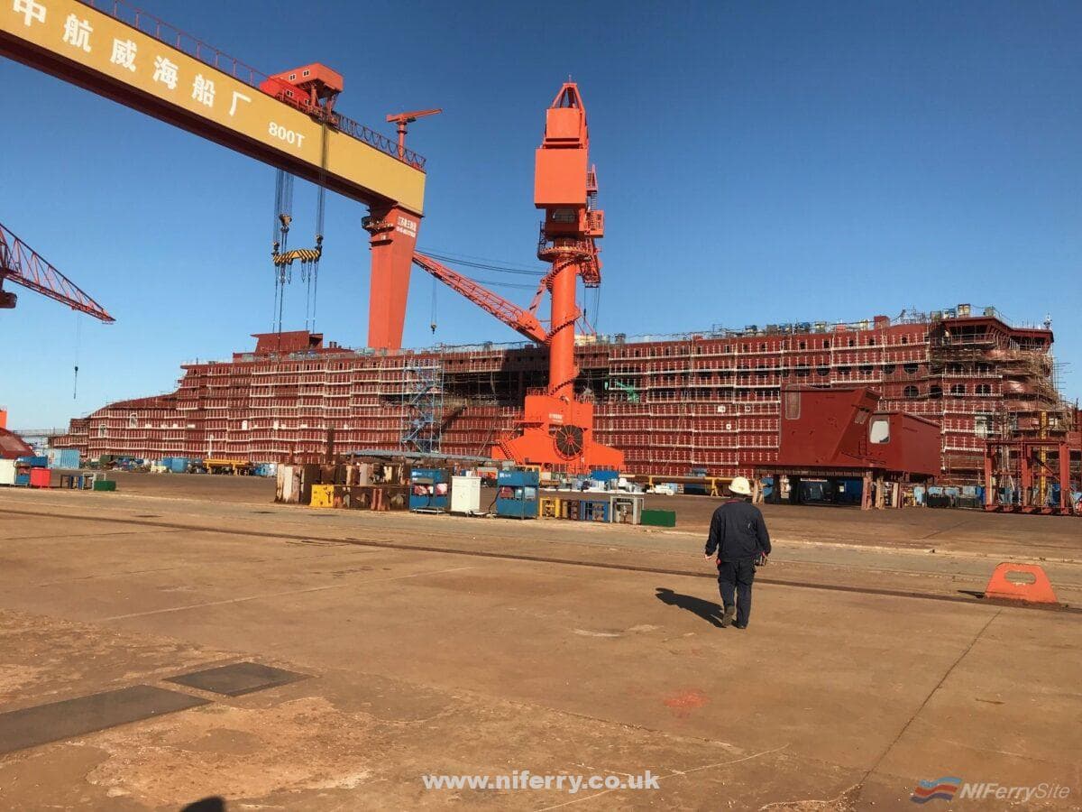 Stena Line EFlexer #1 is steel ready at the AVIC Weihai Shipyard in China.  © Stena RoRo.