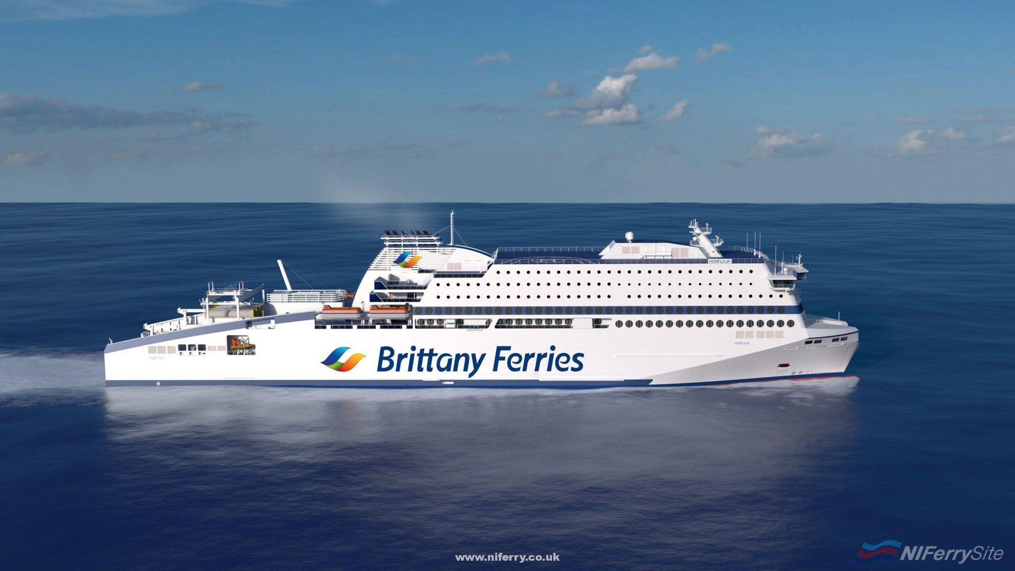 One of a series of renders of HONFLEUR at sea released by Brittany Ferries on the day her hull was launched, 14th December 2018. Brittany Ferries.
