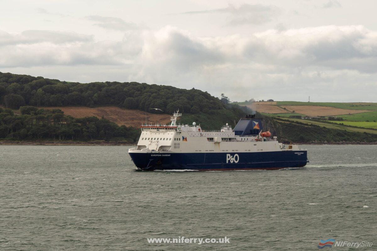 EUROPEAN CAUSEWAY approaches Cairnryan during August 2018 at the end of another sailing from Larne. Copyright © Steven Tarbox.