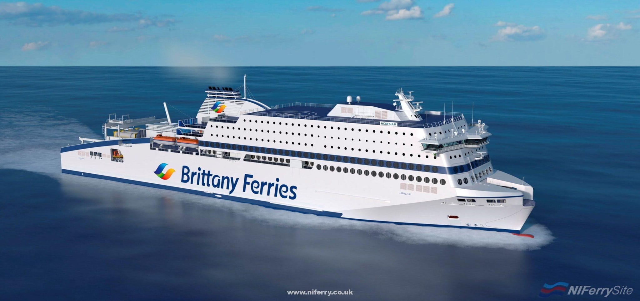 Render of Brittany Ferries HONFLEUR wearing the new livery for the 2019 season. Brittany Ferries.