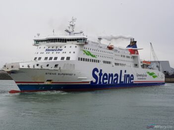 STENA SUPERFAST X seen backing off Dublin Port's Berth 51 during March 2019. Copyright © Robbie Cox.