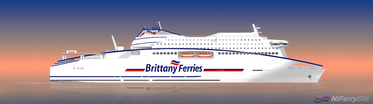 Side profile concept drawing of the vessel which became HONFLEUR. Note that some design changes have been made since this drawing was produced. Brittany Ferries.