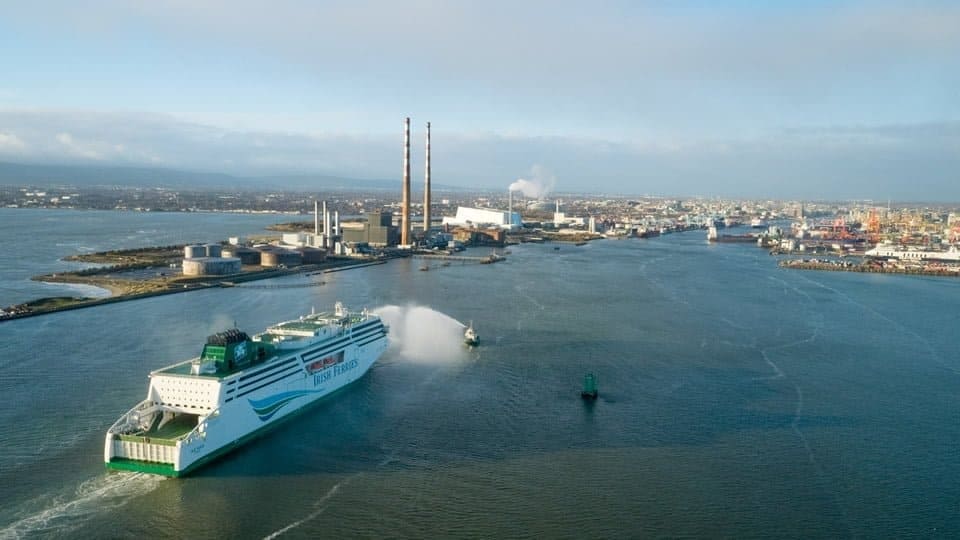 Irish Ferries W.B. YEATS arrives in Dublin Port for the first time, Thursday 20th December 2018, greeted by a water 'salute' from two of the port tugs. Copyright © Irish Ferries.
