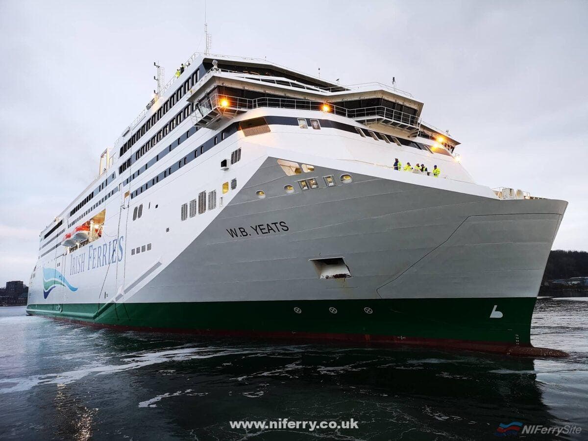 Irish Ferries W.B. YEATS backs away from the pier at FSG at the beginning of her delivery voyage to Dublin via Cherbourg. Copyright © Matrix Ship Management.﻿