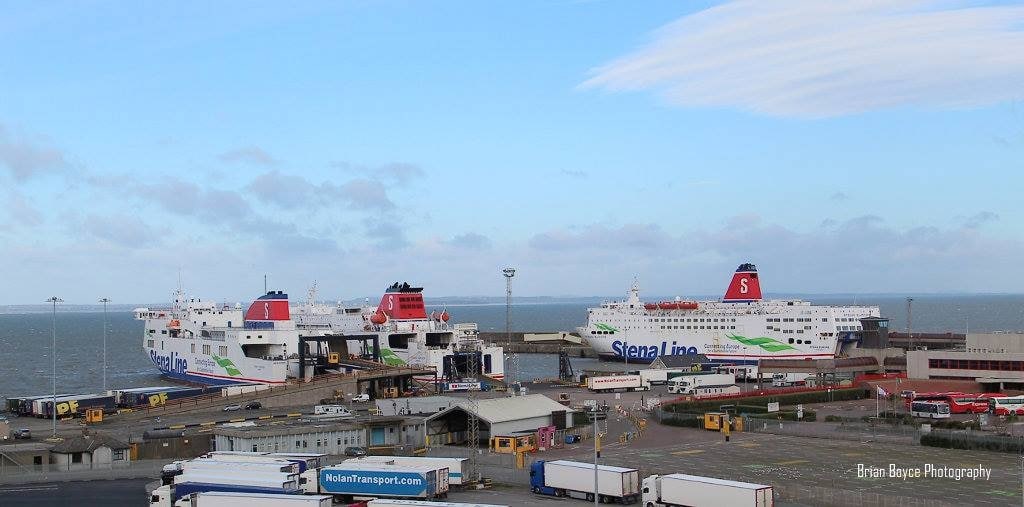 (l-r) STENA HORIZON, STENA NORDICA, and STENA EUROPE seen together in Rosslare, 27.01.19. Horizon had returned from a stint as refit relief vessel on the Belfast - Liverpool route, while Nordica was preparing to move to Dublin to cover STENA SUPERFAST X having covered Horizon's absence. Copyright © Brian Boyce.