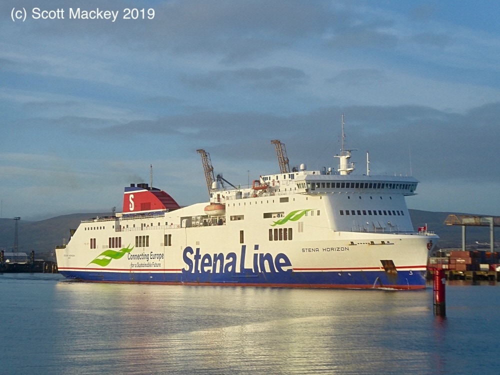 STENA HORIZON leaves Belfast on the morning of New Years Day 2019 while providing dry dock cover for STENA LAGAN. Copyright © Scott Mackey.
