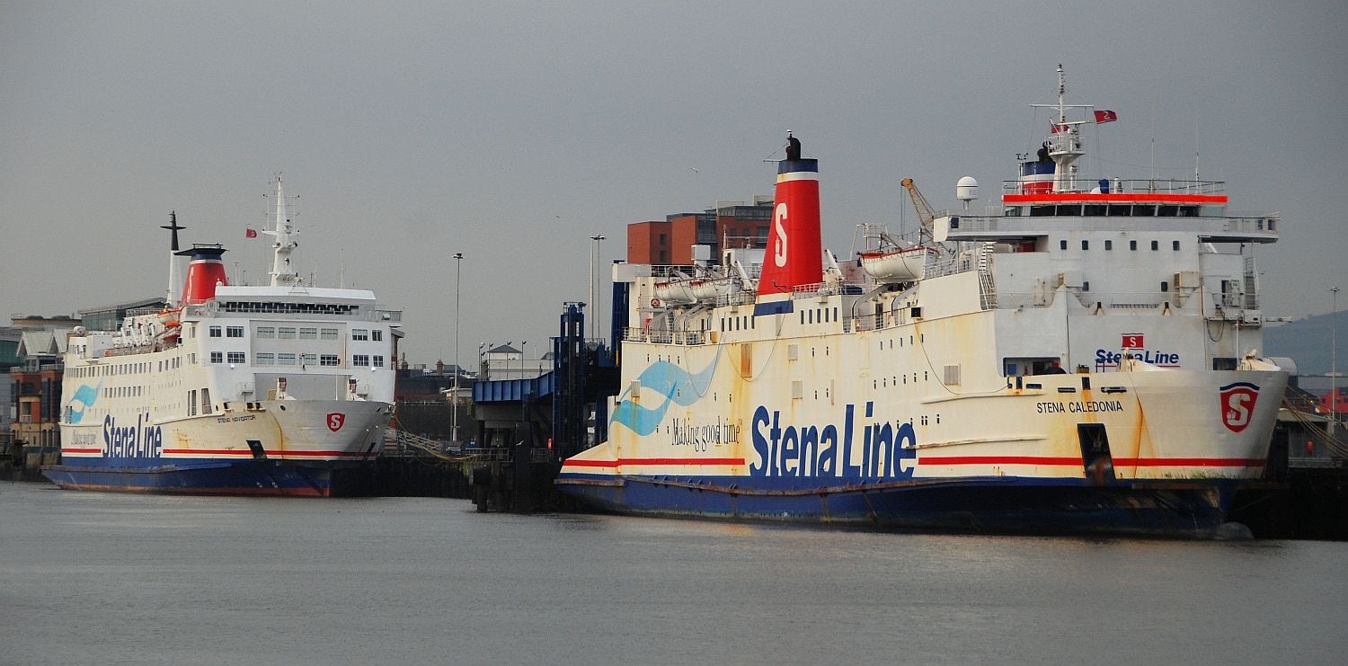 STENA NAVIGATOR and STENA CALEDONIA laid-up at the former Stena terminal at Albert Quay, Belfast. These ferries where the last passenger ferries built for the French and British state railway companies, SNCF and British Railways. Both continue in service in foreign waters at the time of writing (October 2015). Copyright Alan Geddes