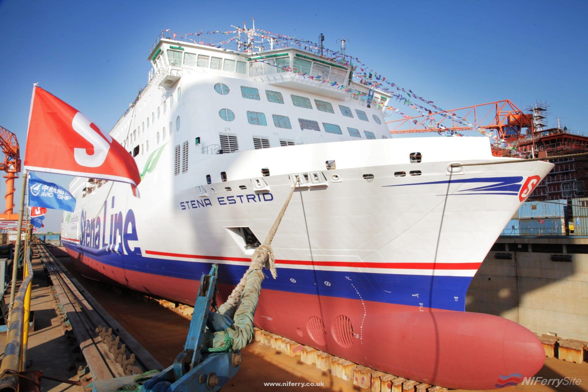 The first E-Flexer, named Stena Estrid, just prior to launch on January 16th 2019. Stena RoRo.