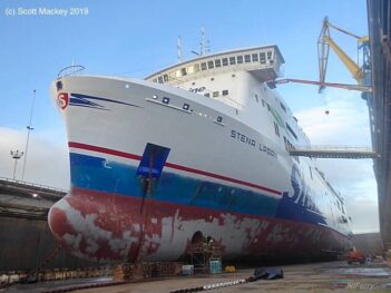 STENA LAGAN pictured in dry dock prior to painting 17.01.19. Copyright © Scott Mackey.