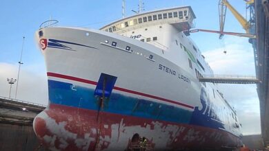 STENA LAGAN pictured in dry dock prior to painting 17.01.19. Copyright © Scott Mackey.