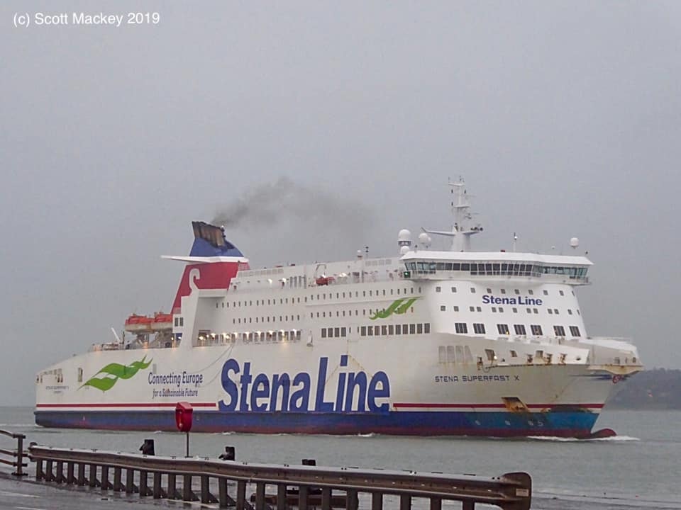 STENA SUPERFAST X passes Victoria Terminal 4 on her way to Belfast Dry Dock, 29.01.19. Copyright © Scott Mackey.