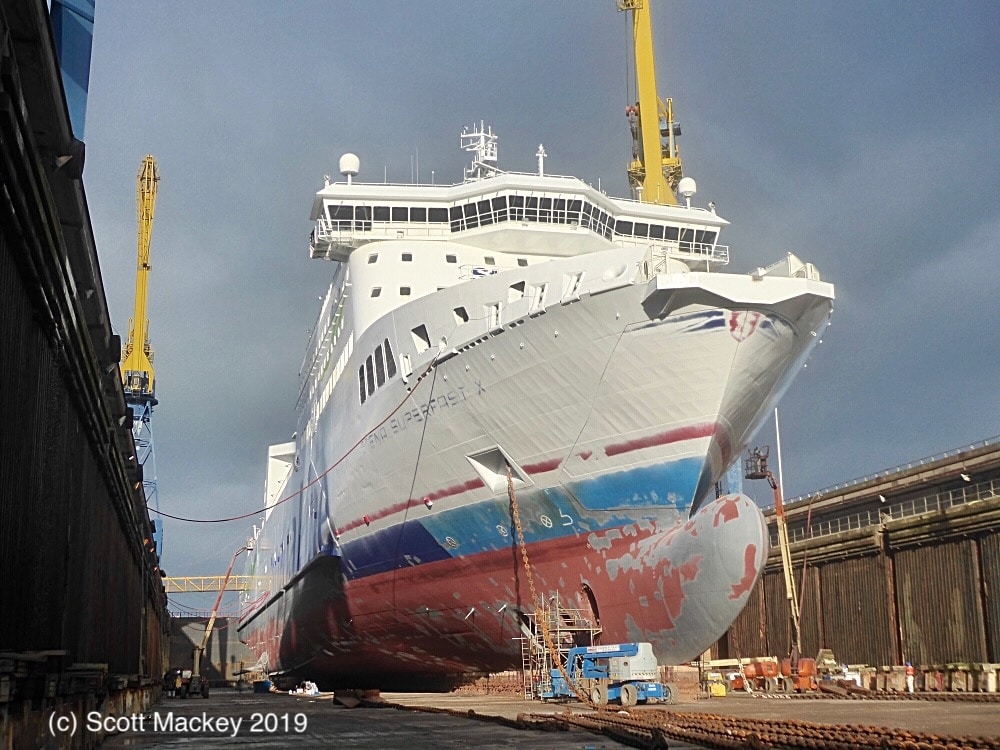 STENA SUPERFAST X seen in Belfast Dry Dock in early February 2019. Copyright © Scott Mackey.