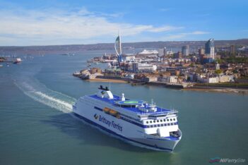 An artists impression of how a Brittany Ferries Stena E-Flexer class ferry might look at Portsmouth. Brittany Ferries