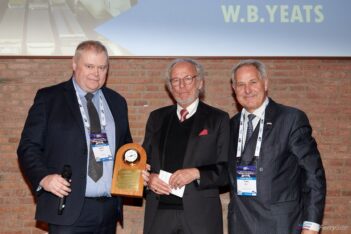 Andrew Sheen of Irish Ferries is presented with the "Best Ferry 2019" award for W.B. YEATS by Ferry Shipping Summit organisers Lennart Thorbjörnsson and Frans Baud. Mike Louagie/Ferry Shipping Summit.