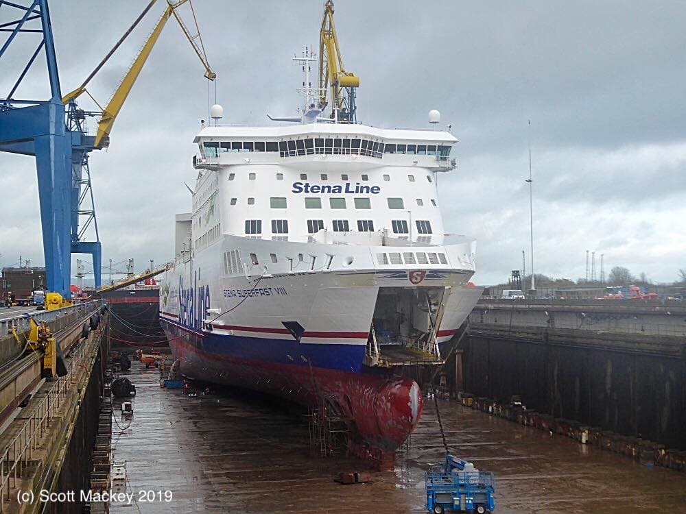 STENA SUPERFAST VIII seen in Belfast Dry Dock in early March 2019 before repainting was completed. Copyright © Scott Mackey.