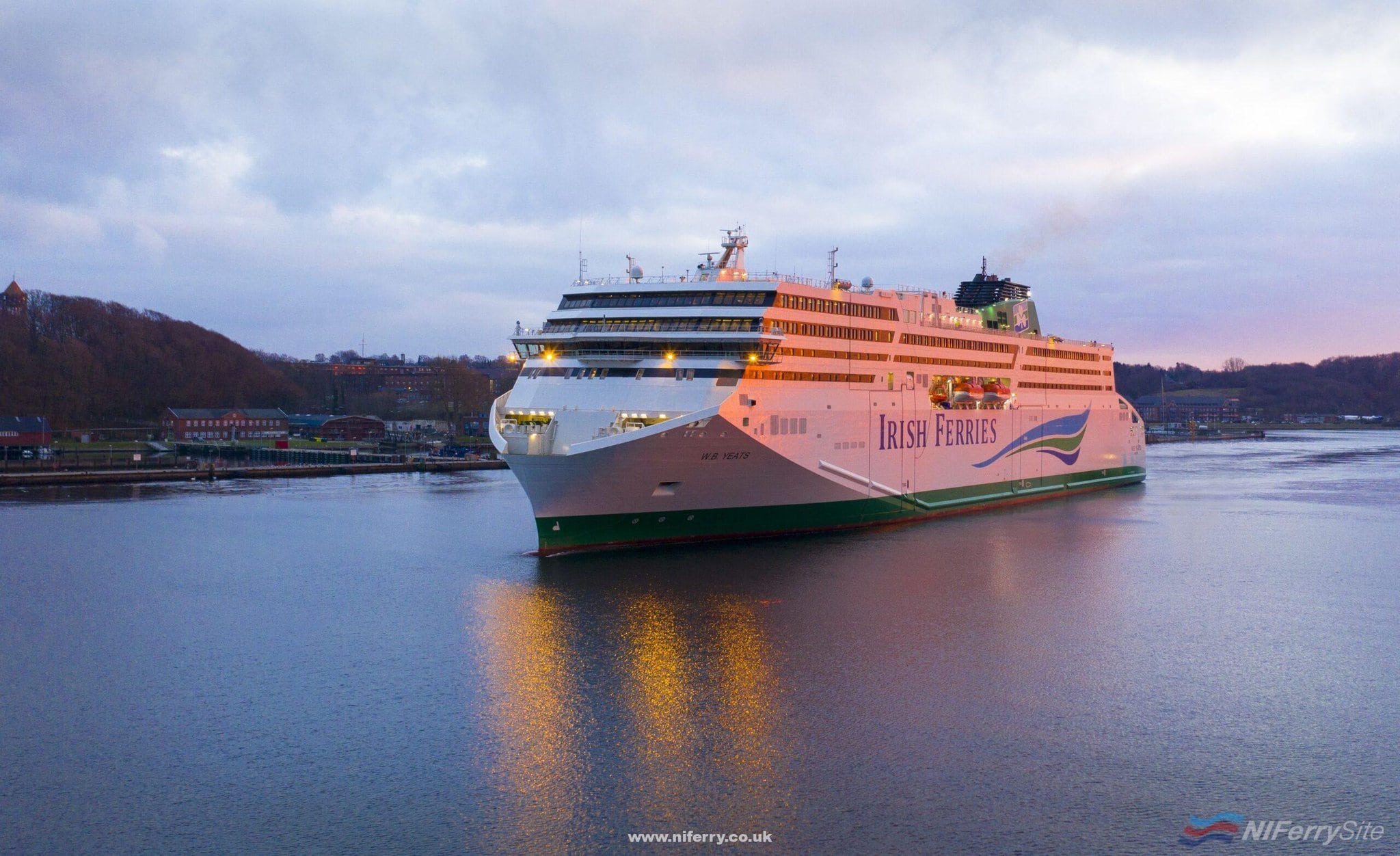 Irish Ferries W.B> YEATS leaving the French port of Cherbourg after her first visit there for berthing trials in December 2018. Irish Ferries.