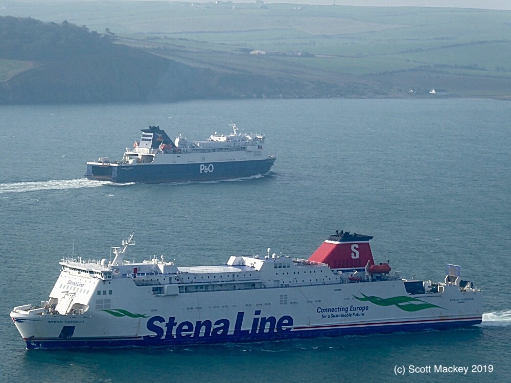 Stena Line's STENA NORDICA and P&O's EUROPEAN CAUSEWAY seen together in Loch Ryan as the former arrives at Loch Ryan Port on Monday 25th Feb 2019. Both vessels were originally ordered for P&O Irish Sea and are part-sisters. Copyright © Scott Mackey.