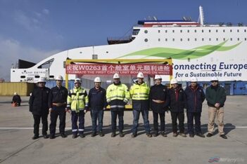 Some members of the project team stand infront of the first cabin unit to be fitted to STENA ESTRID prior to it being hoisted onto the vessel. AVIC Weihai.