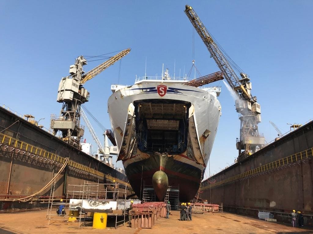 Stena Line’s Rosslare to Fishguard ferry STENA EUROPE in dry dock at the Gemak shipyard in Tuzla, Turkey. Stena Line.