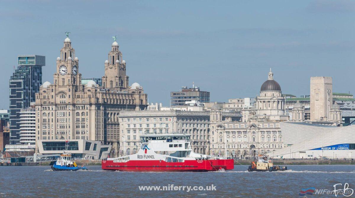 Red Funnel's brand-new freight ferry RED KESTREL begins her delivery voyage to Southampton. She was towed "dead ship" be the tug WILLPOWER (left) assisted in The Mersey by VITAL. Copyright © Copyright © Christopher Triggs.