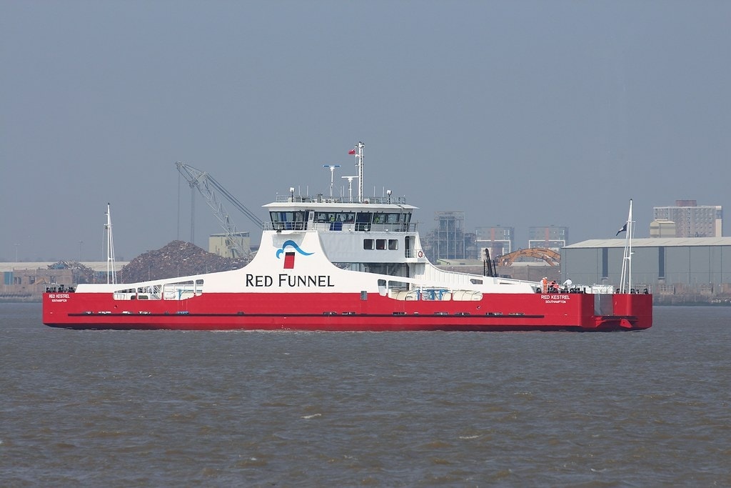 Red Funnel's British-built freight ferry RED KESTREL on trials in the River Mersey on April 8th 2019. Copyright © Das Boot Photography.