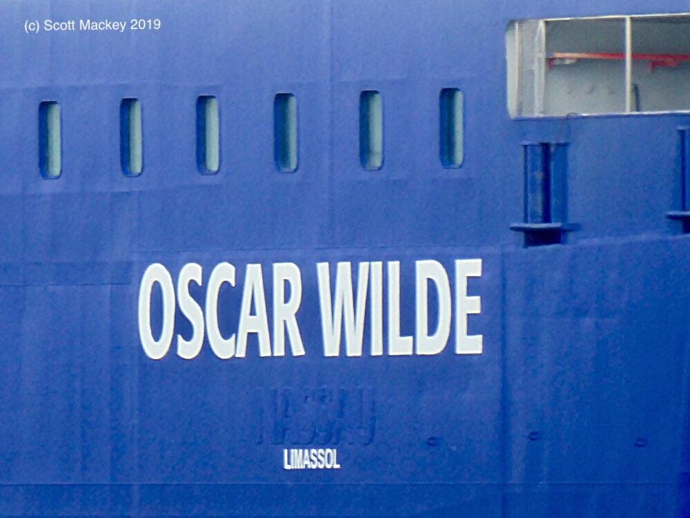 The former Irish Ferries cruiseferry OSCAR WILDE changed homeport to Limassol on March 30th. This picture, taken on May 2nd, shows a closeup of her name and new home port. Copyright © Scott Mackey.