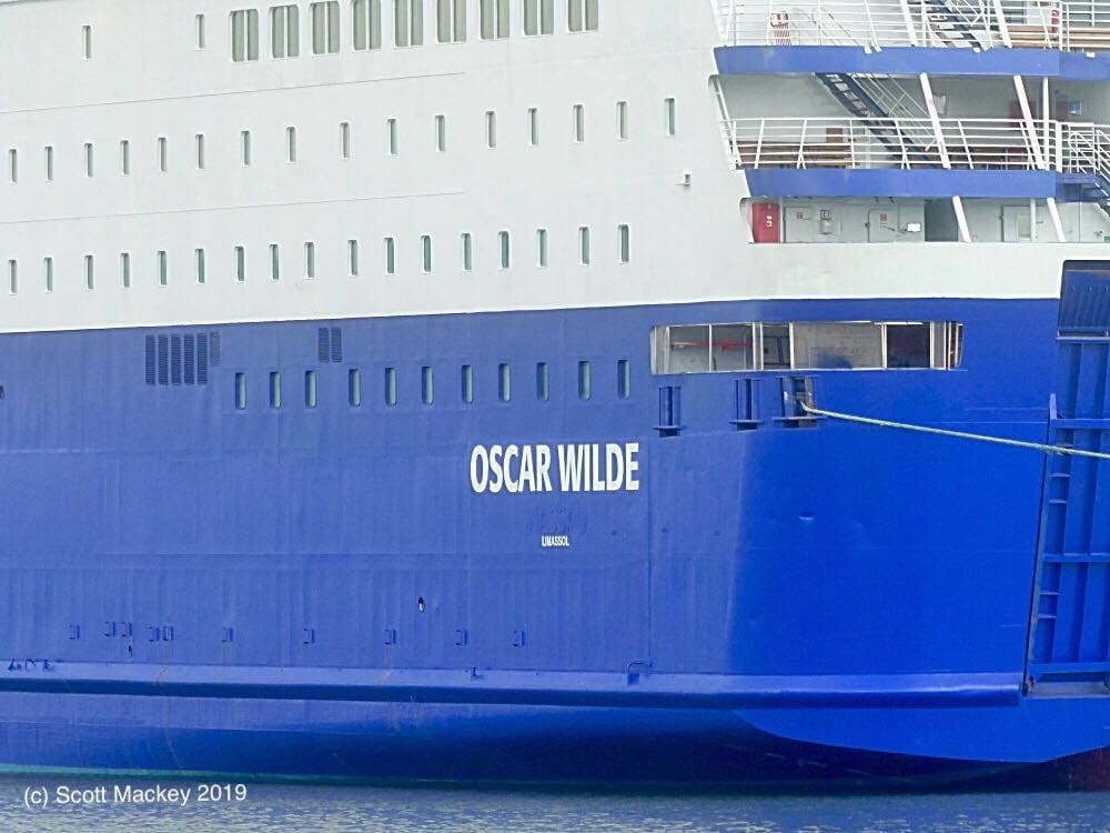 The former Irish Ferries cruiseferry OSCAR WILDE changed homeport to Limassol on March 30th. This picture, taken on May 2nd, shows a closeup of her name and new home port. Copyright © Scott Mackey.
