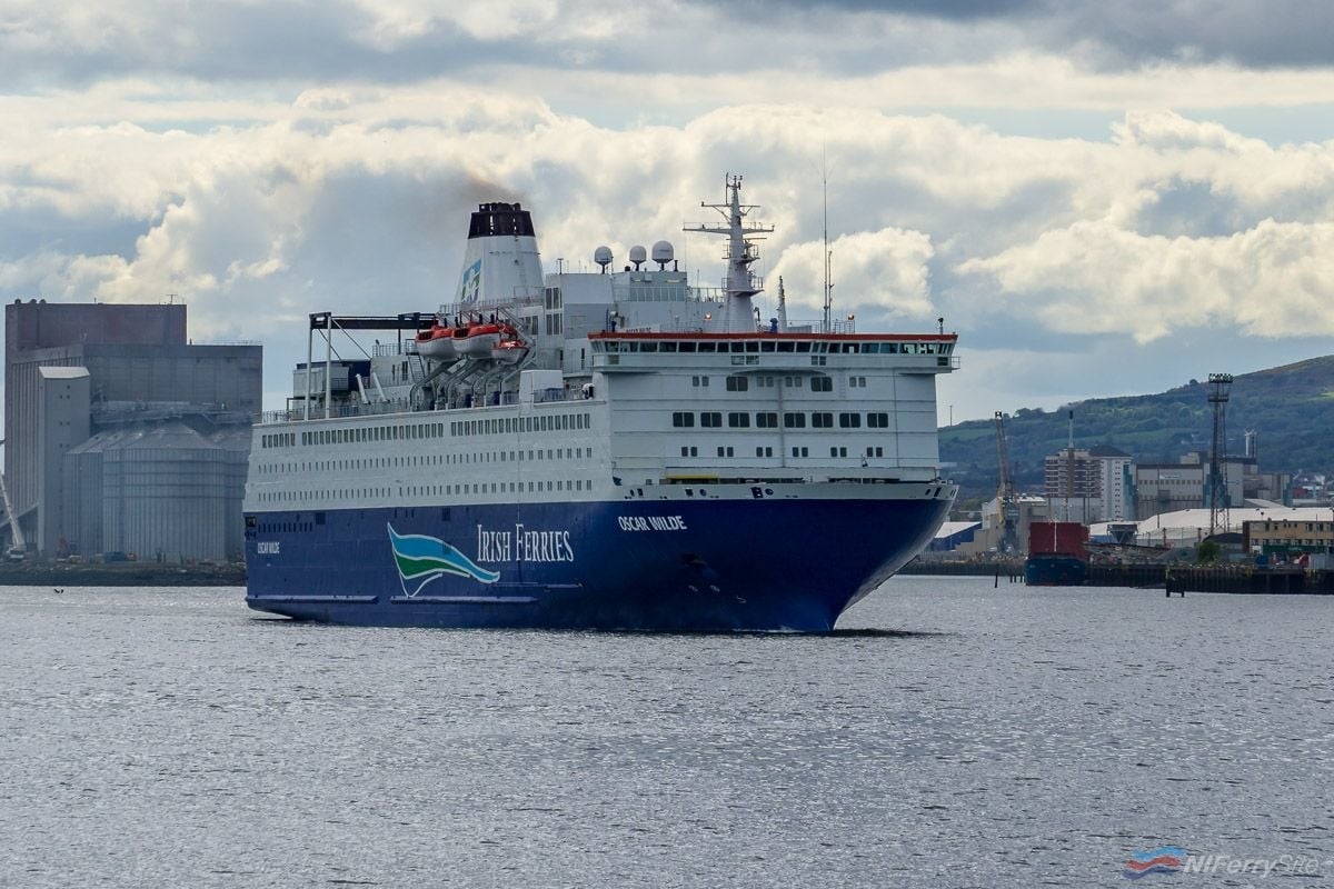 The former Irish Ferries Rosslare to Cherbourg/Roscoff cruiseferry OSCAR WILDE leaves Belfast for a new career with GNV in the Mediterranean. Copyright © Steven Tarbox.