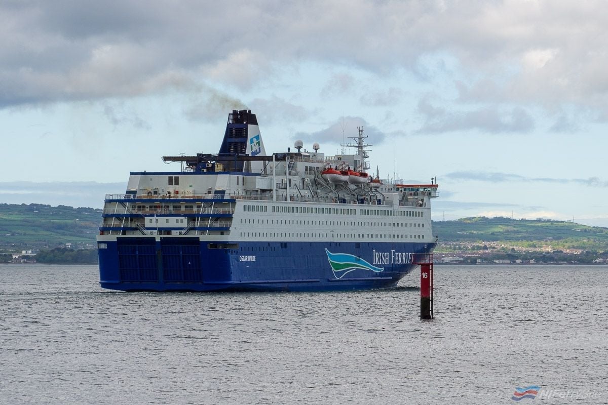 The former Irish Ferries Rosslare to Cherbourg/Roscoff cruiseferry OSCAR WILDE leaves Belfast for a new career with GNV in the Mediterranean. Copyright © Steven Tarbox.