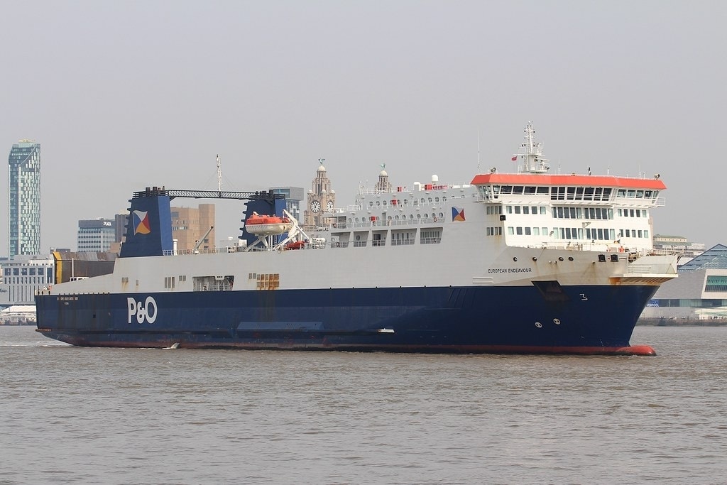 P&O Ferries Spanish-built Ro-Pax EUROPEAN ENDEAVOUR crosses the Mersey towards Cammell Laird Birkenhead for dry-docking on Easter Monday 2019. Copyright © Das Boot 160 Photography.