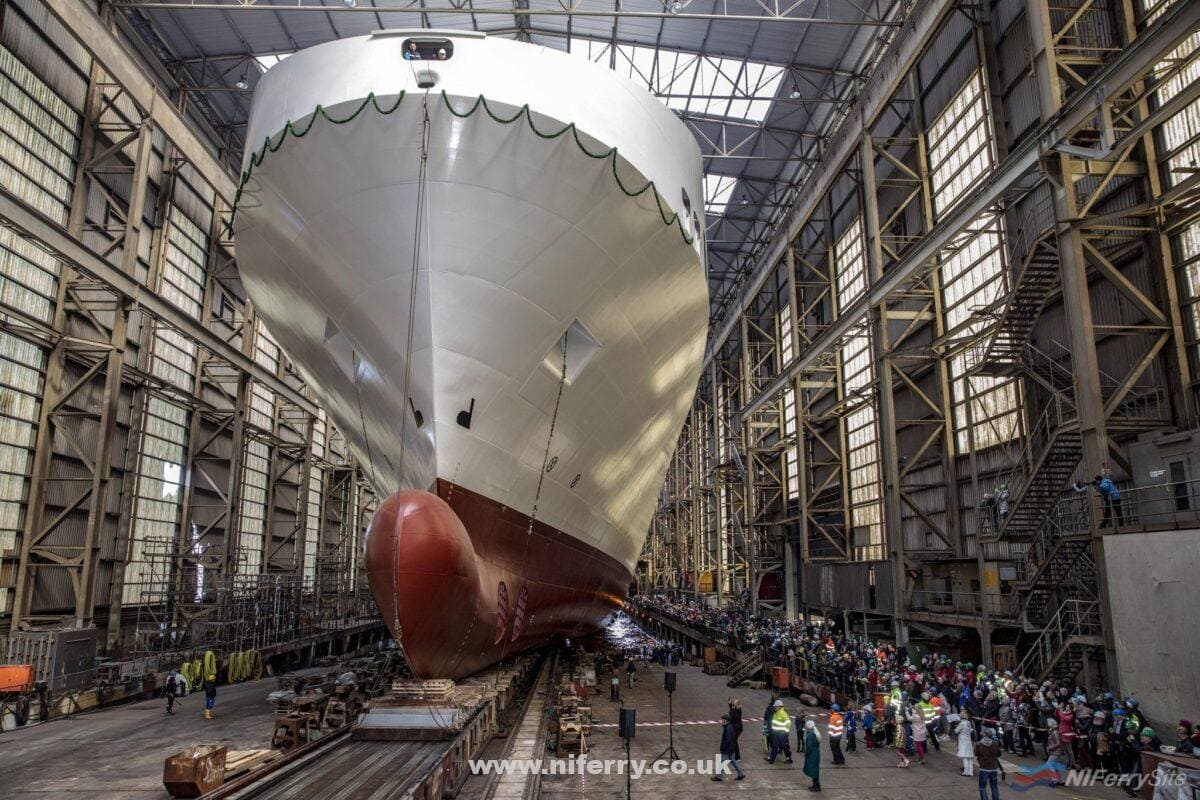 The launch of the seventh FSG-built Ro-Ro for Siem Group LEEVSTEN. Moby Lines and Tirrenia owner Onorato Armatori are said to be negotiating the charter of her having already chartered the previous two units. FSG Ship.
