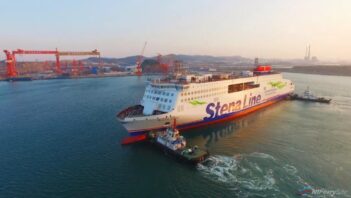 STENA EDDA is manoeuvred out of the building dock at AVIC Weihai following floating out on April 15th 2019. AVIC Ship.
