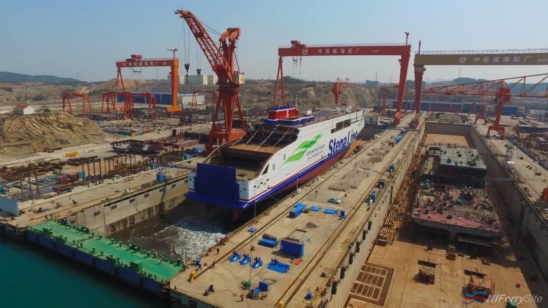 The building dock fills with water as yard number W0264 STENA EDDA is floated out at AVIC Weihai on April 15th 2019. AVIC Ship.