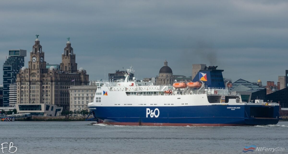 P&O Ferries EUROPEAN HIGHLANDER passes Liverpool en-route to Larne on the afternoon of Tuesday June 25th '19. Copyright © Christopher Triggs.
