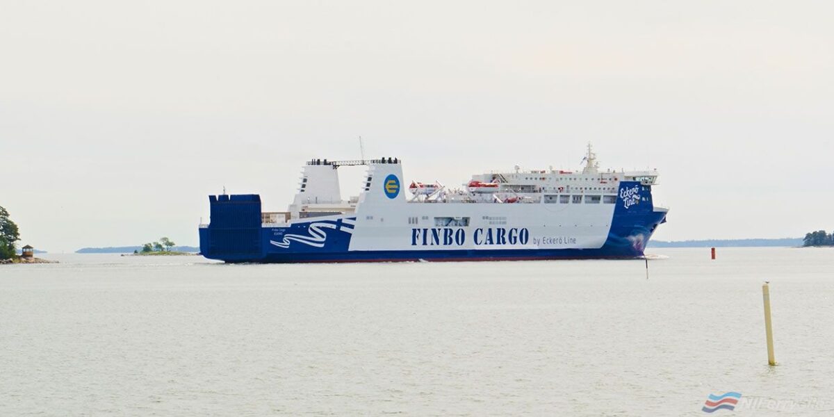 FINBO CARGO (ex EUROPEAN ENDEAVOUR leaves for her maiden commercial voyage to Muuga on Eckero Line's new Finbo Cargo service. Eckero Line.