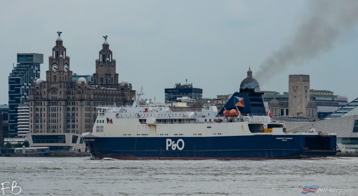 P&O Ferries EUROPEAN CAUSEWAY heads past the Liver building towards Larne after leaving Cammell Laird, 08.07.19. Copyright © Christopher Triggs.